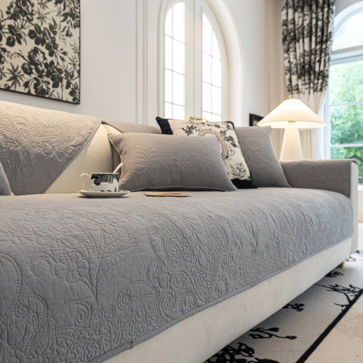 Baroque Floral Quilted Cotton Sofa Cover, Non-Slip Washable Couch Protector