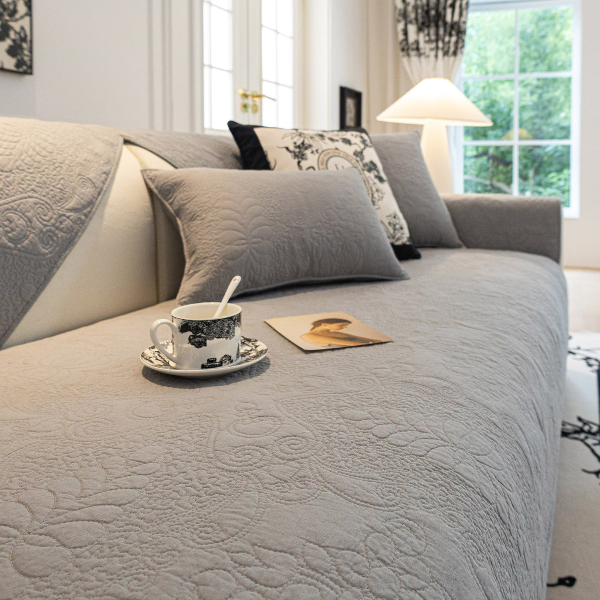 Baroque Floral Quilted Cotton Sofa Cover, Non-Slip Washable Couch Protector