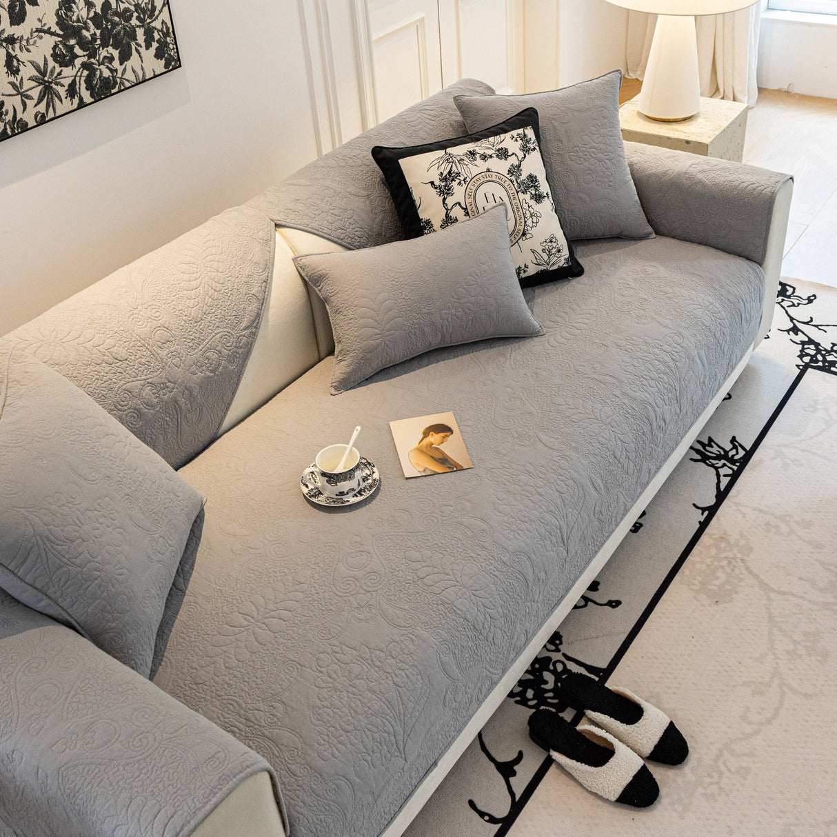 Baroque Floral Quilted Cotton Sofa Cover, Non-Slip Washable Couch Protector