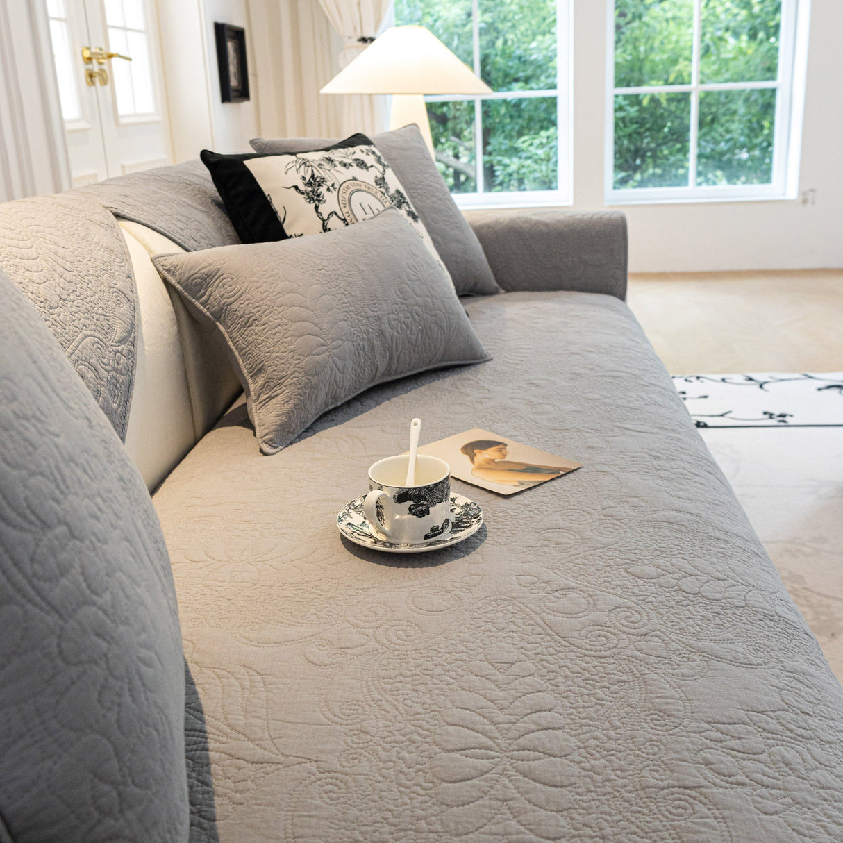 Baroque Floral Quilted Cotton Sofa Cover, Non-Slip Washable Couch Protector