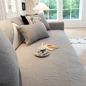 Baroque Floral Quilted Cotton Sofa Cover, Non-Slip Washable Couch Protector