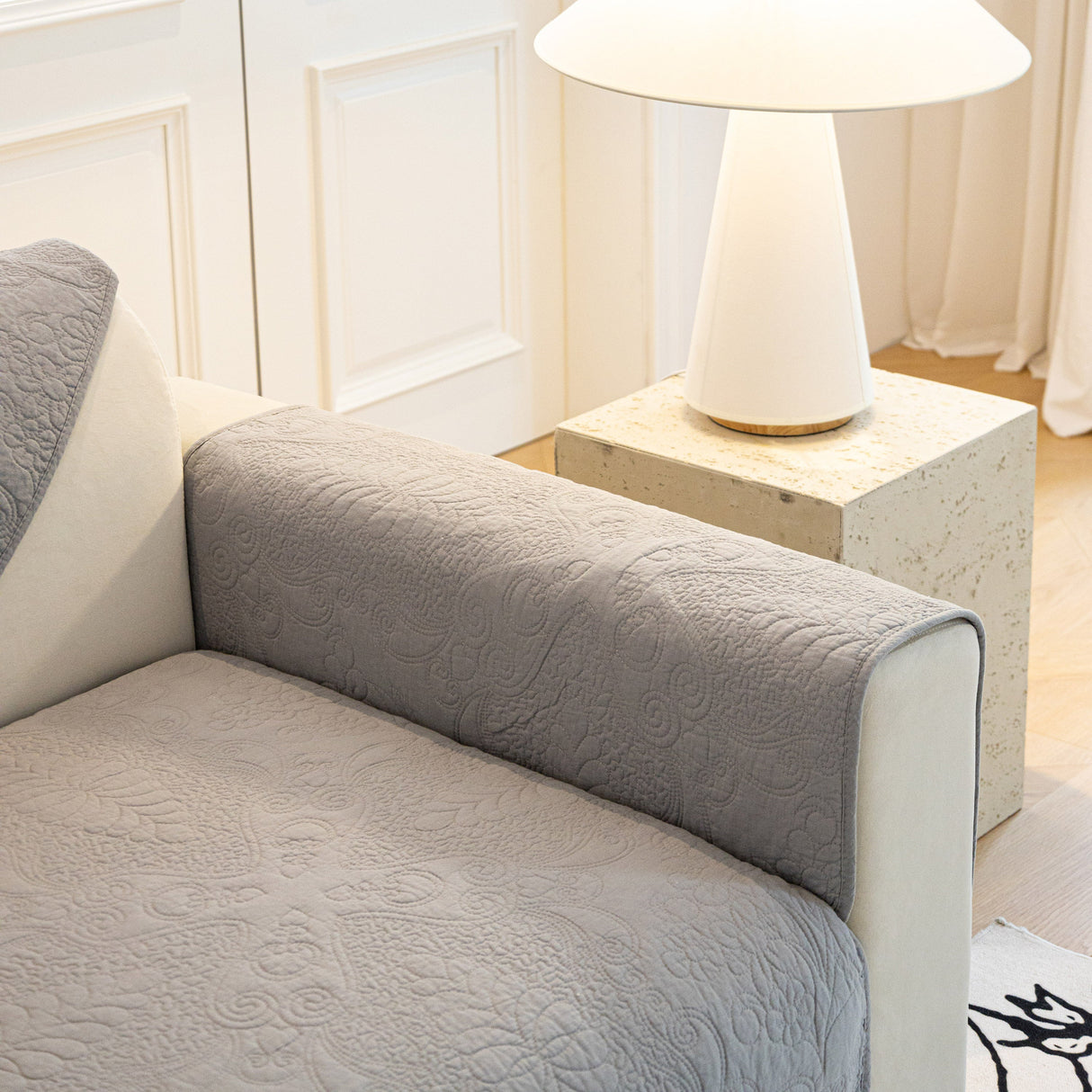 Baroque Floral Quilted Cotton Sofa Cover, Non-Slip Washable Couch Protector