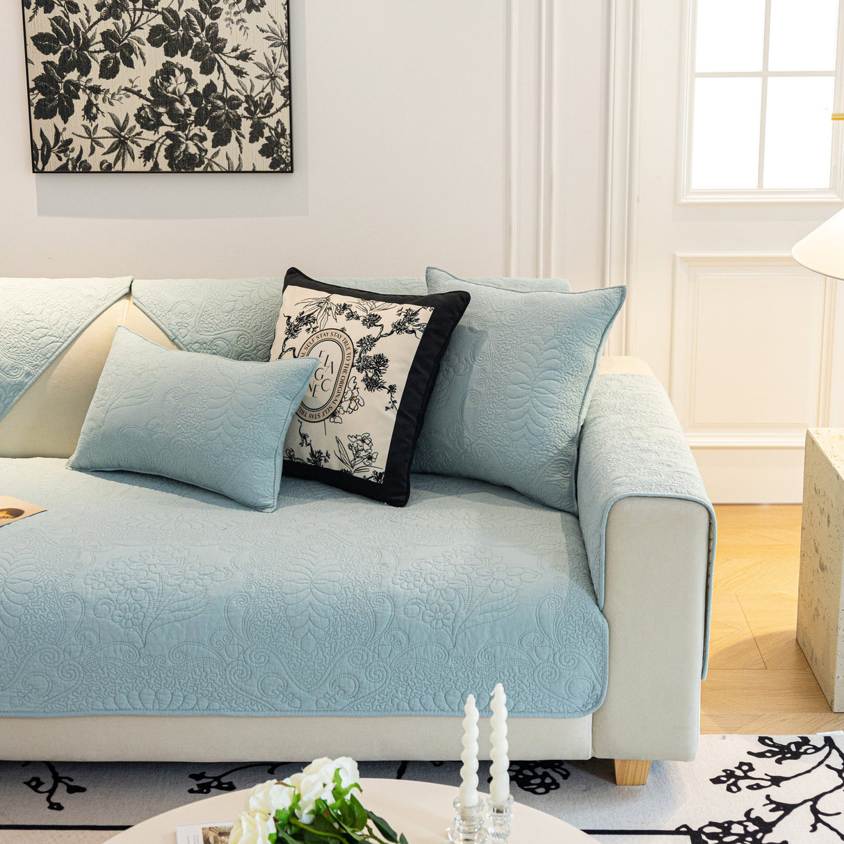 Baroque Floral Quilted Cotton Sofa Cover, Non-Slip Washable Couch Protector