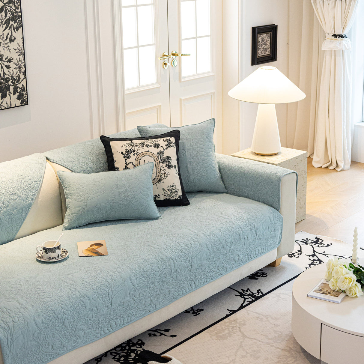 Baroque Floral Quilted Cotton Sofa Cover, Non-Slip Washable Couch Protector