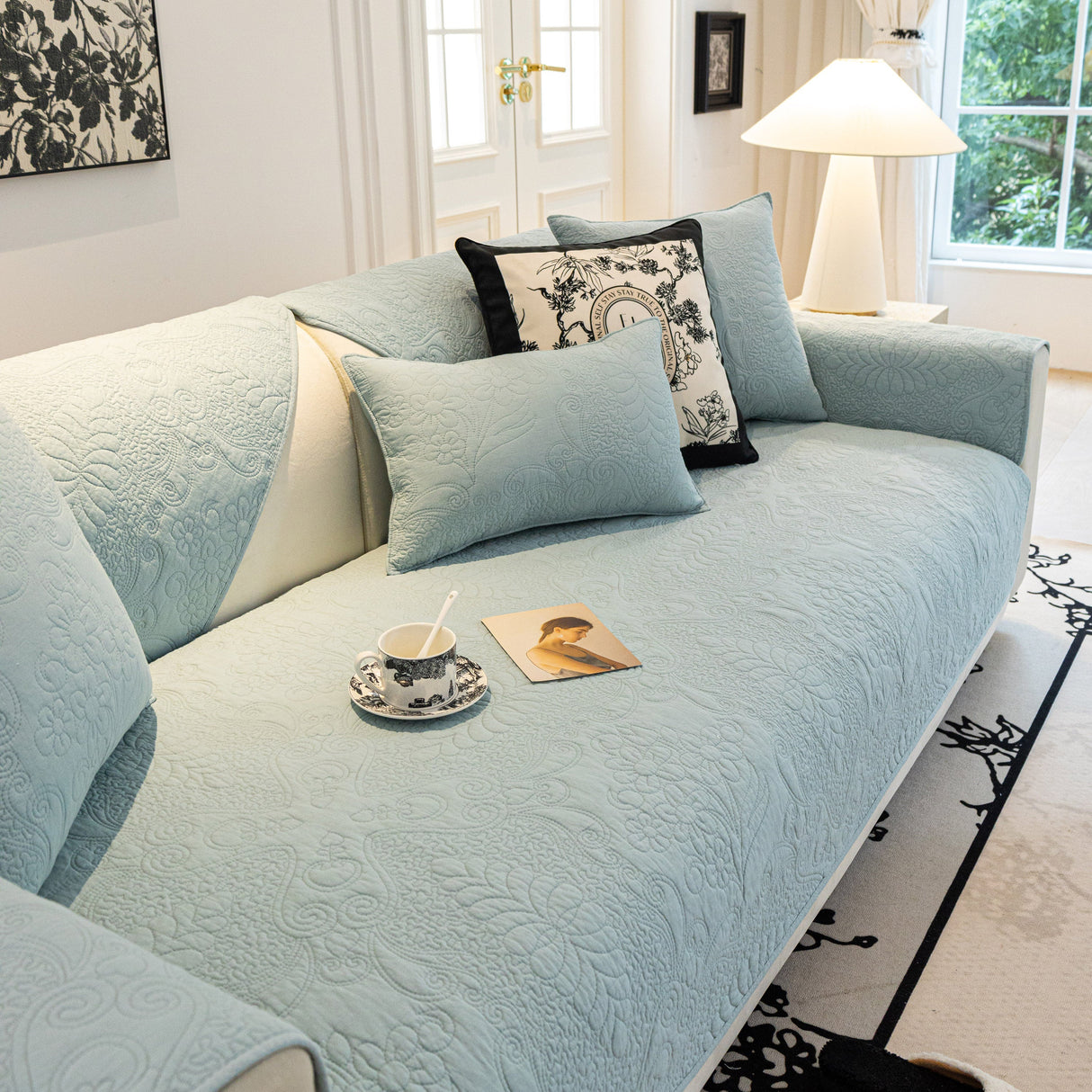 Baroque Floral Quilted Cotton Sofa Cover, Non-Slip Washable Couch Protector