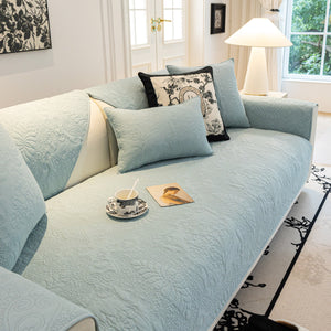 Baroque Floral Quilted Cotton Sofa Cover, Non-Slip Washable Couch Protector