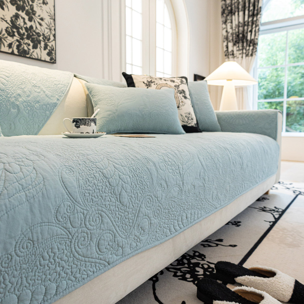 Baroque Floral Quilted Cotton Sofa Cover, Non-Slip Washable Couch Protector