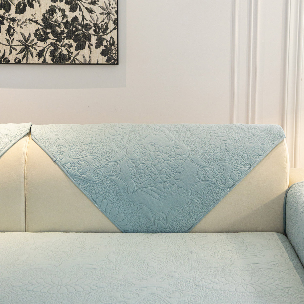 Baroque Floral Quilted Cotton Sofa Cover, Non-Slip Washable Couch Protector