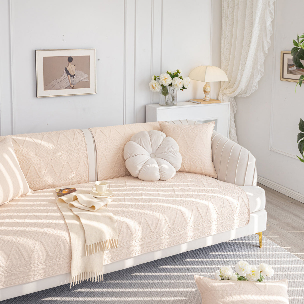 Geometric Textured Cotton Quilted Sofa Cover, Non-Slip Washable Couch Protector