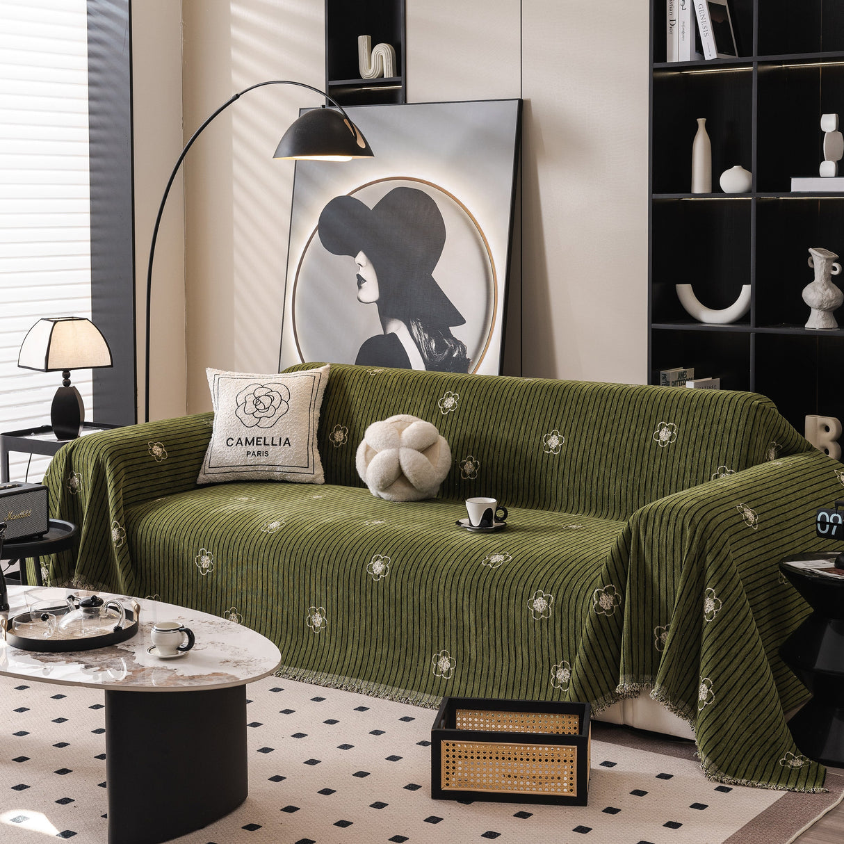 Chenille Camellia Floral Sofa Throw Cover Couch Blanket with Striped Jacquard