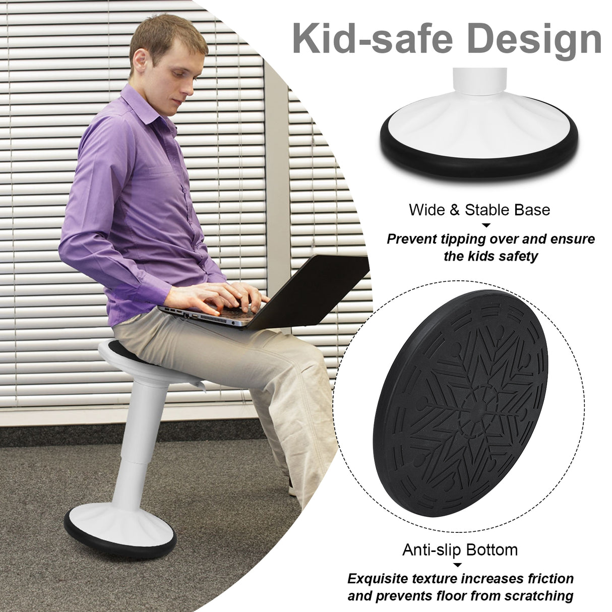 Adjustable Active Learning Stool Sitting Home Office Wobble Chair with Cushion Seat -Black