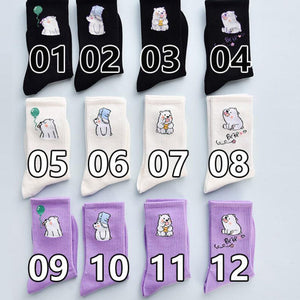 4Pair Spring And Summer Combed Out Of Pure Cotton Socks Mid Waist Fashion Bear Socks Cute Animal Socks Kawaii Cute Cartoon Purple College Socks For Men And Women