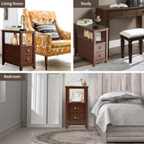 Set of 2 End Table Wooden with 2 Drawer & Shelf Bedside Table-Brown