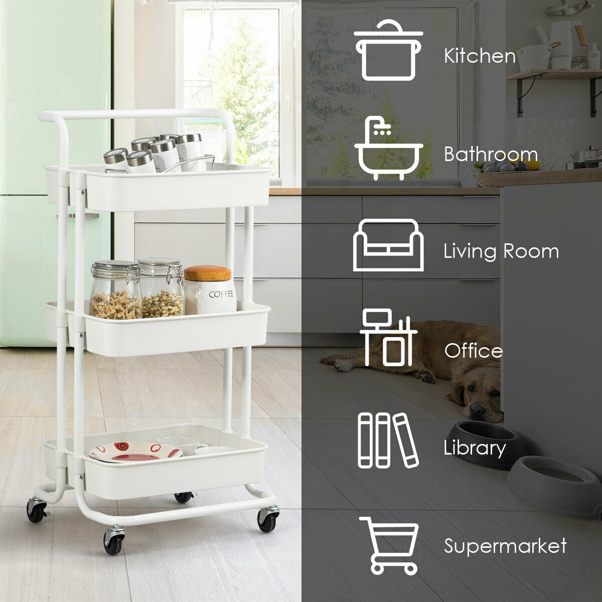 3-Tier Utility Cart Storage Rolling Cart with Casters-Black