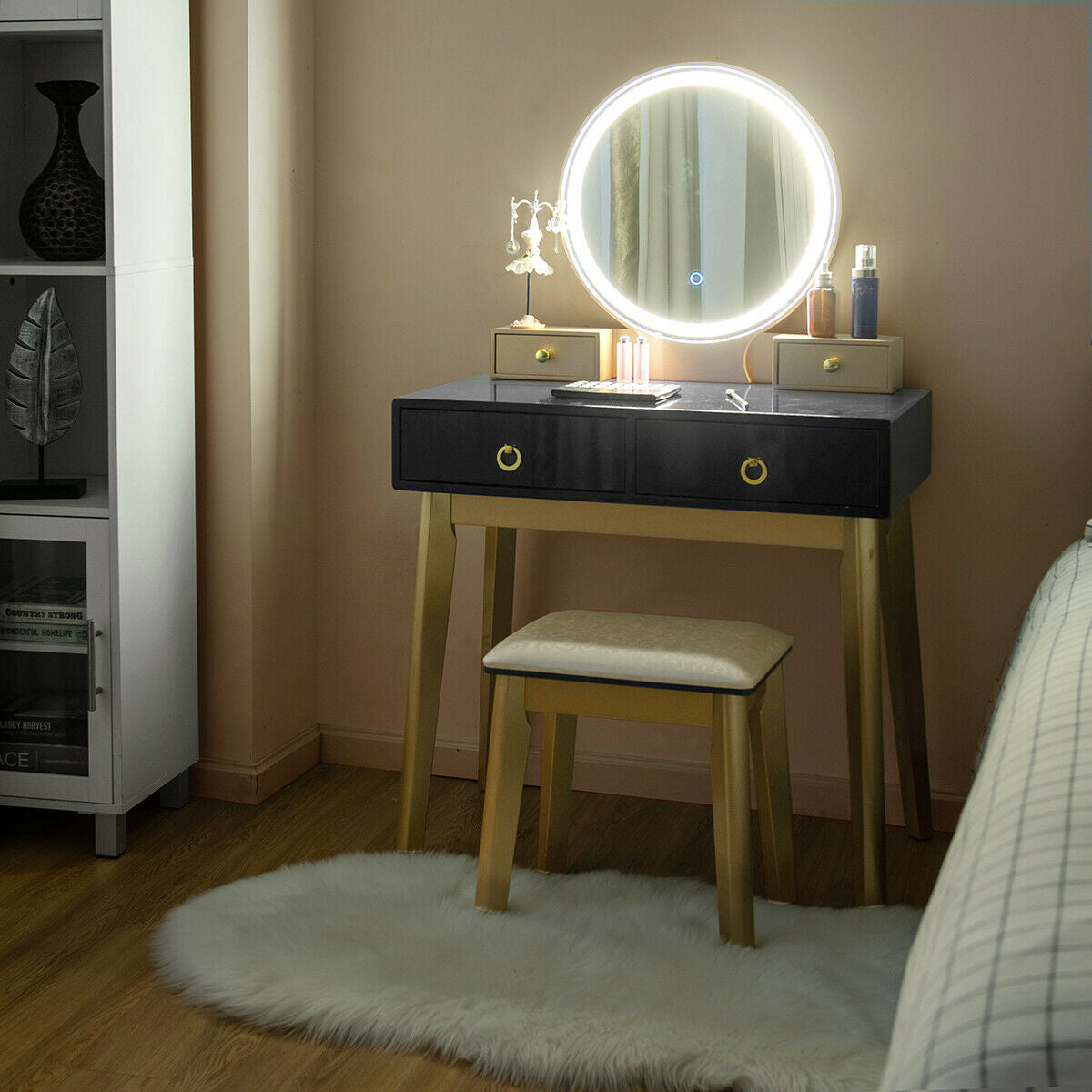 Set 3 Makeup Vanity Table Color Lighting Jewelry Divider Dressing Table-White