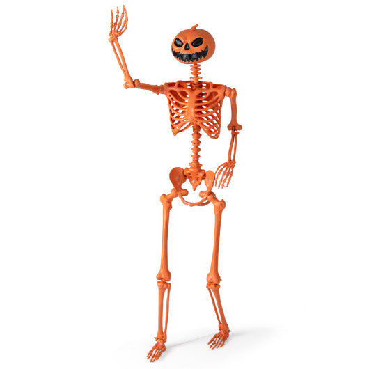 5.2 FT Orange Life-Size Poseable Halloween Skeleton with Pumpkin Head and Movable Joints
