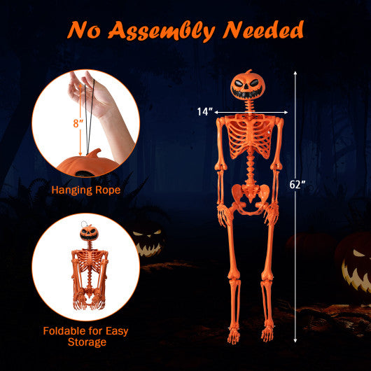 5.2 FT Orange Life-Size Poseable Halloween Skeleton with Pumpkin Head and Movable Joints