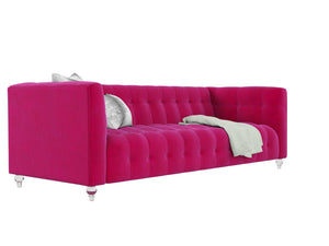 The Bea Velvet Tufted Sofa is a stylish and modern piece featuring a pink velvet design, elegant tufted upholstery, and clear legs. It is accessorized with a gray pillow and has a light green throw draped over one side, all set against a white background.