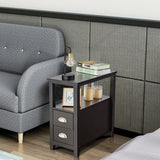 Set of 2 End Table Wooden with 2 Drawer & Shelf Bedside Table-Brown