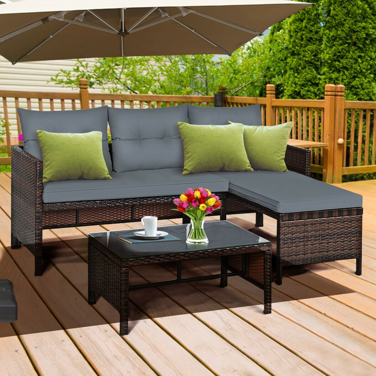 3 Pieces Patio Wicker Rattan Sofa Set-Beige