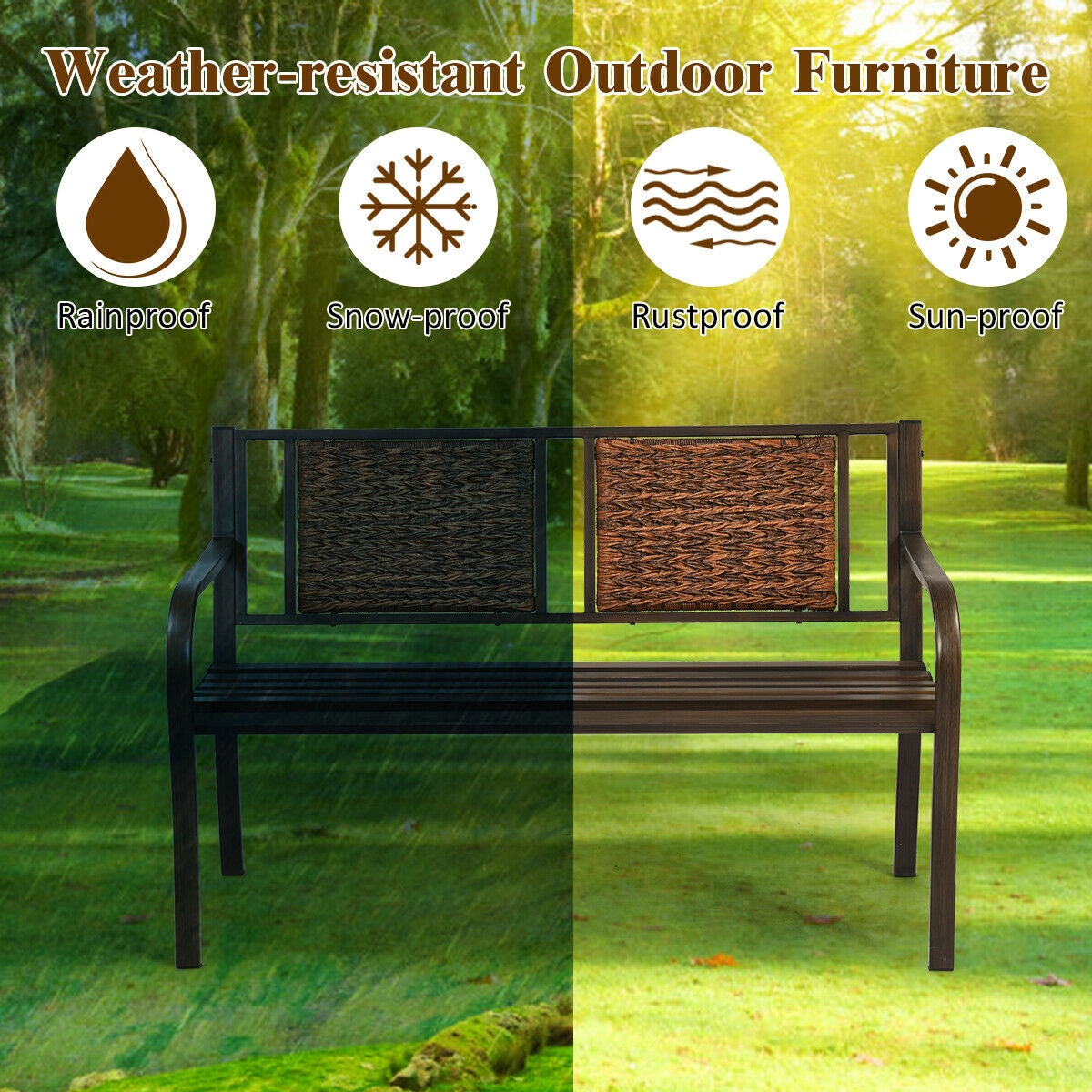 Patio Garden Bench with Powder Coated Steel Frame for Lawn