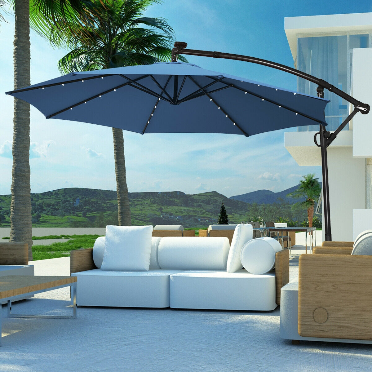 10 ft 360 ° Rotation Solar Powered LED Patio Offset Umbrella-Blue