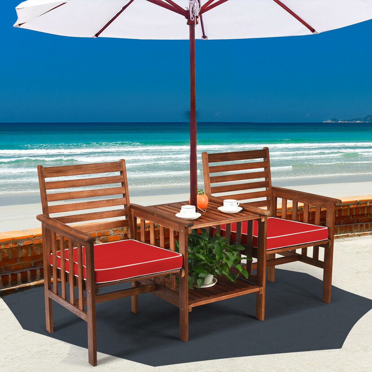3 pcs Outdoor Patio Table Chairs Set Acacia Wood Loveseat-White