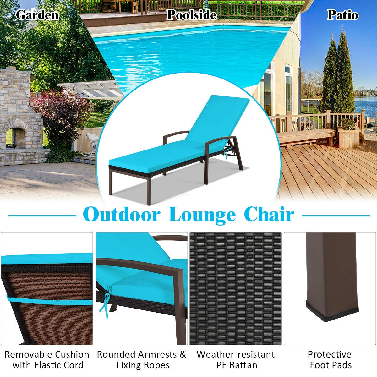 Patio Rattan Lounge Chaise Recliner with Back Adjustable Cushioned-Red