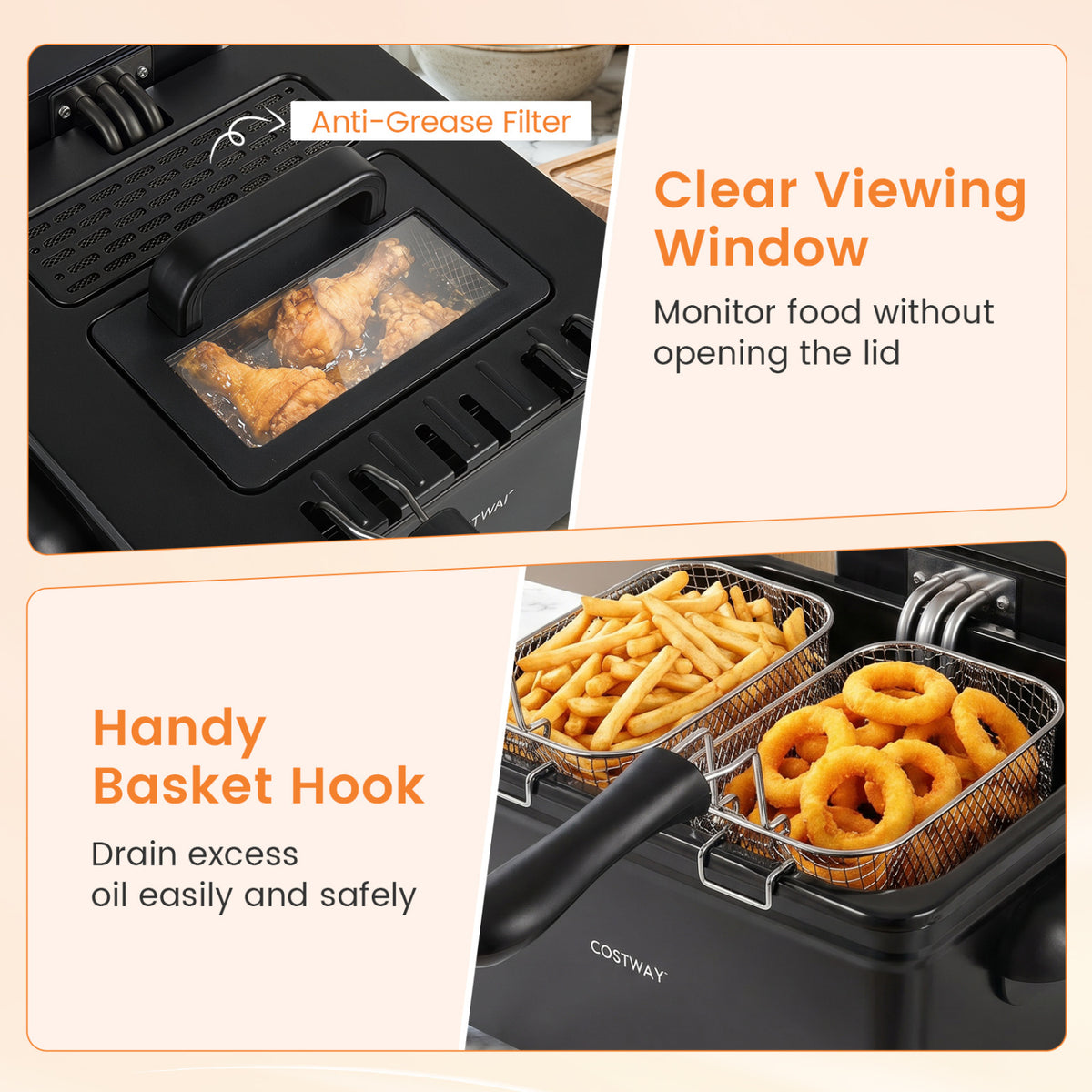 5.3-Qt Electric Deep Fryer with 3 Baskets 1700W LED Touch Screen and 6 Presets-Black