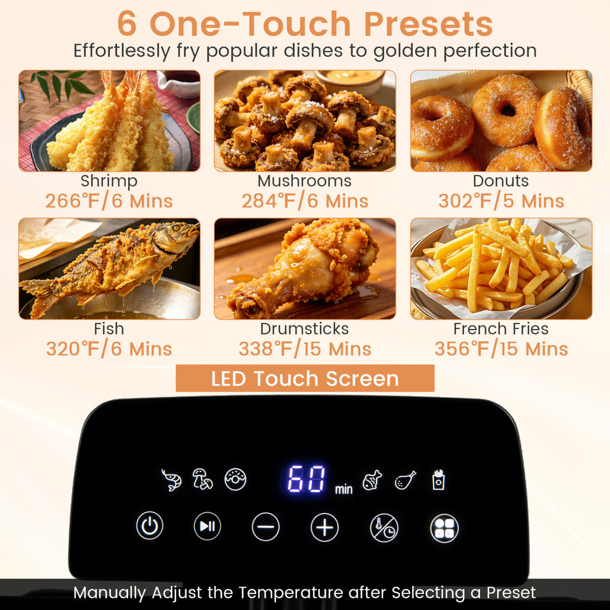 5.3-Qt Electric Deep Fryer with 3 Baskets 1700W LED Touch Screen and 6 Presets-Silver