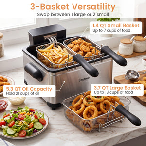 5.3-Qt Electric Deep Fryer with 3 Baskets 1700W LED Touch Screen and 6 Presets-Silver