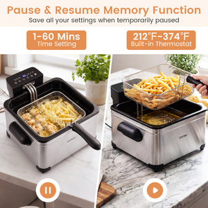 5.3-Qt Electric Deep Fryer with 3 Baskets 1700W LED Touch Screen and 6 Presets-Silver