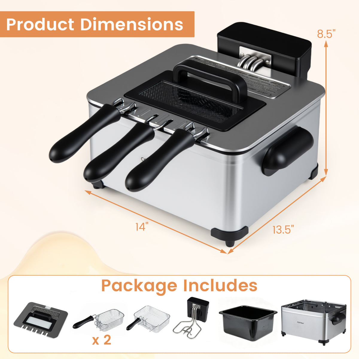 5.3-Qt Electric Deep Fryer with 3 Baskets 1700W LED Touch Screen and 6 Presets-Silver