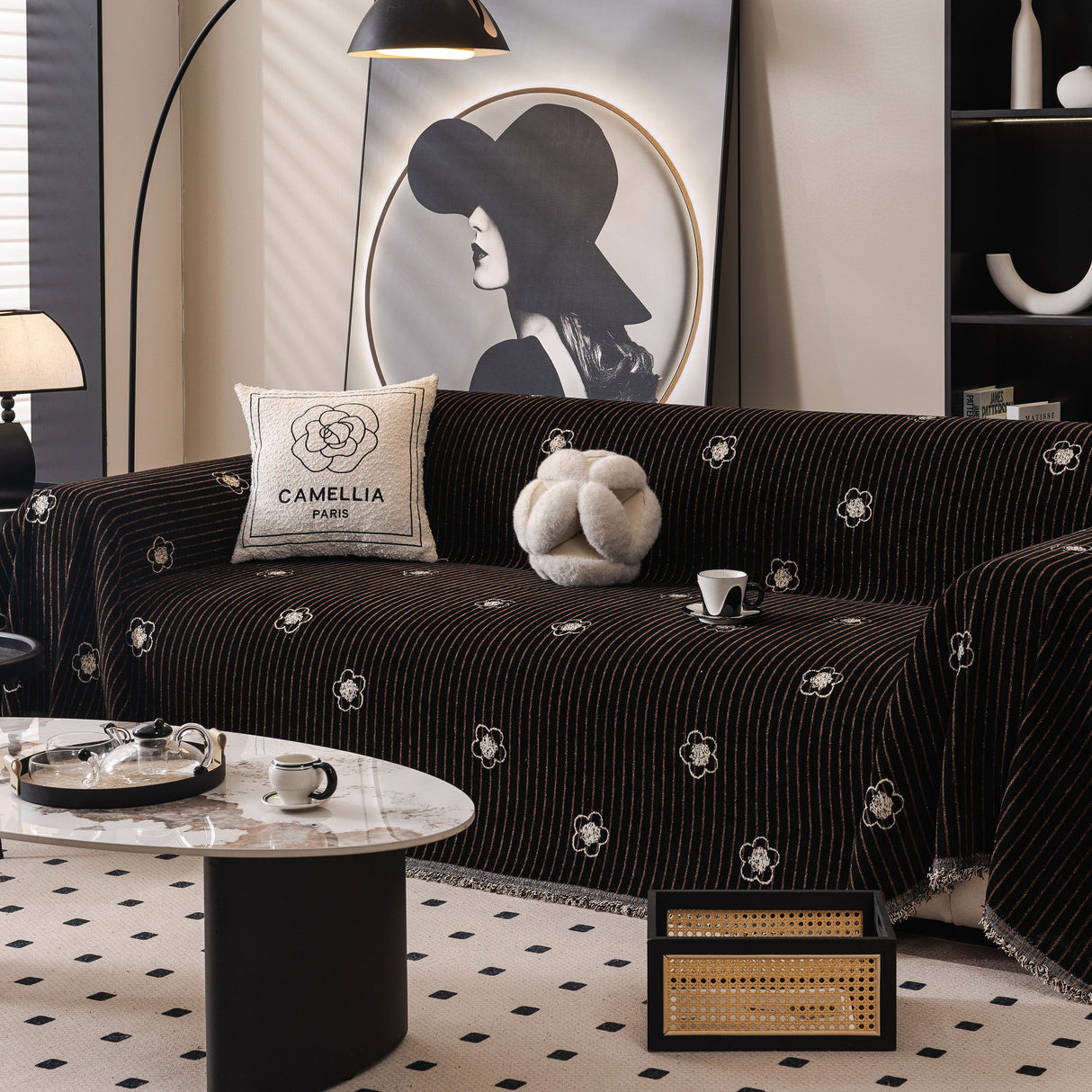 Chenille Camellia Floral Sofa Throw Cover Couch Blanket with Striped Jacquard