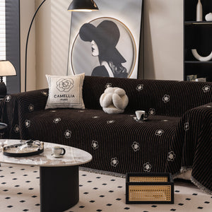 Chenille Camellia Floral Sofa Throw Cover Couch Blanket with Striped Jacquard