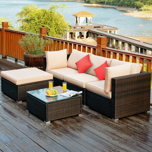5 Pieces Outdoor Patio Rattan Furniture Set With Cushions-Beige