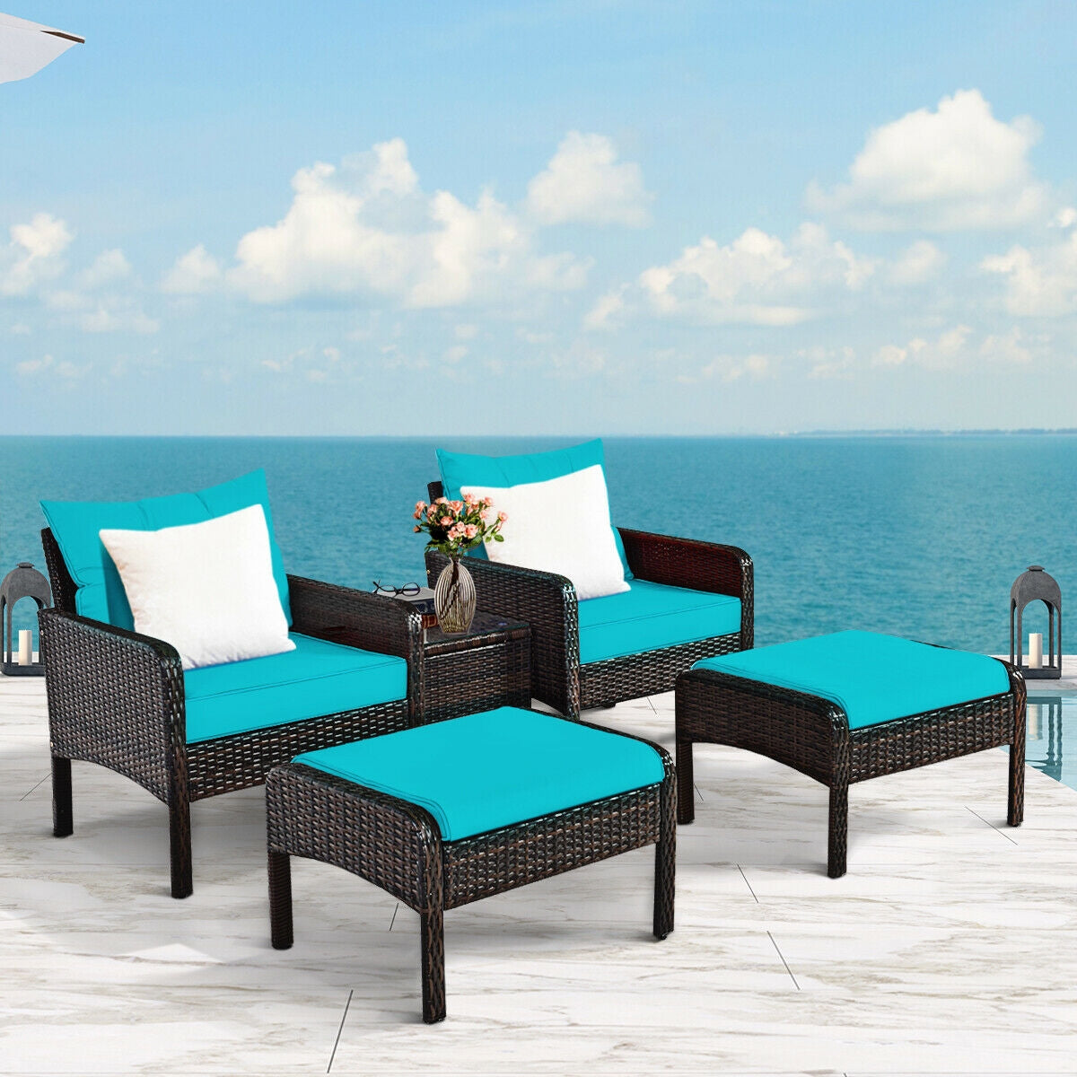 5 Pieces Patio Rattan Sofa Ottoman Furniture Set with Cushions-Red