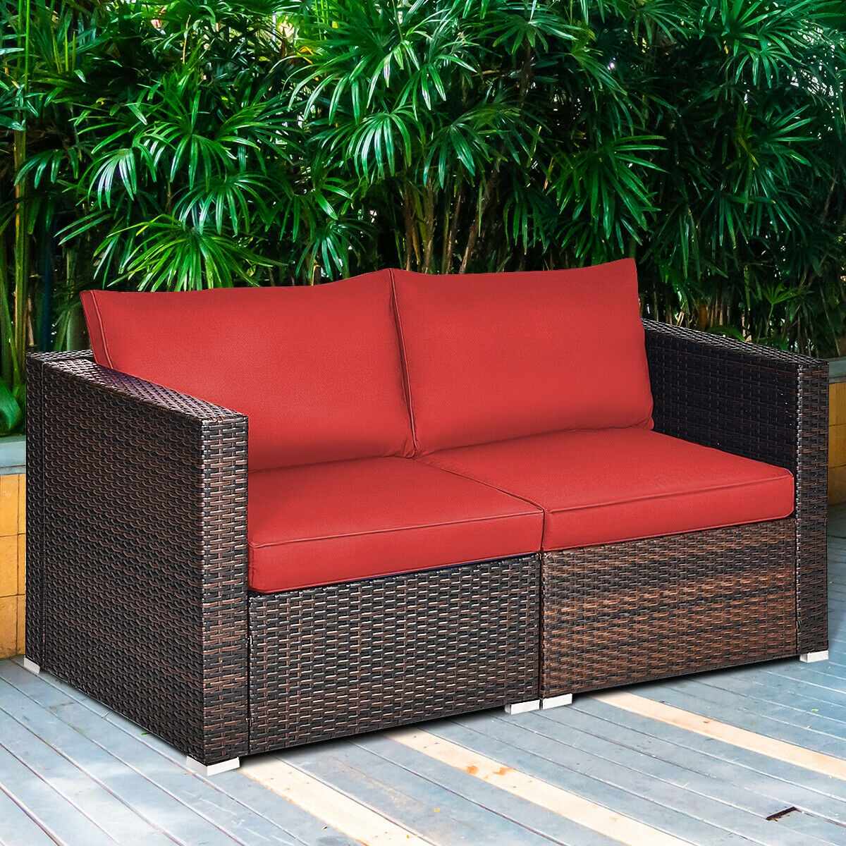 2PCS Patio Rattan Sectional Conversation Sofa Set-Navy