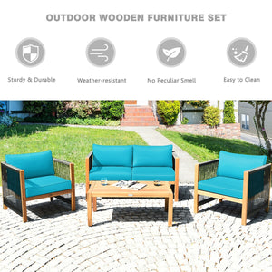 4 Pieces Acacia Wood Outdoor Patio Furniture Set with Cushions-Gray