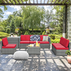 8 Pieces Wicker Sofa Rattan Dining Set Patio Furniture with Storage Table-Gray