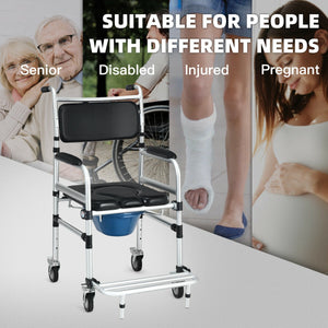 2-in-1 Aluminum Commode Shower Wheelchair with Locking Casters