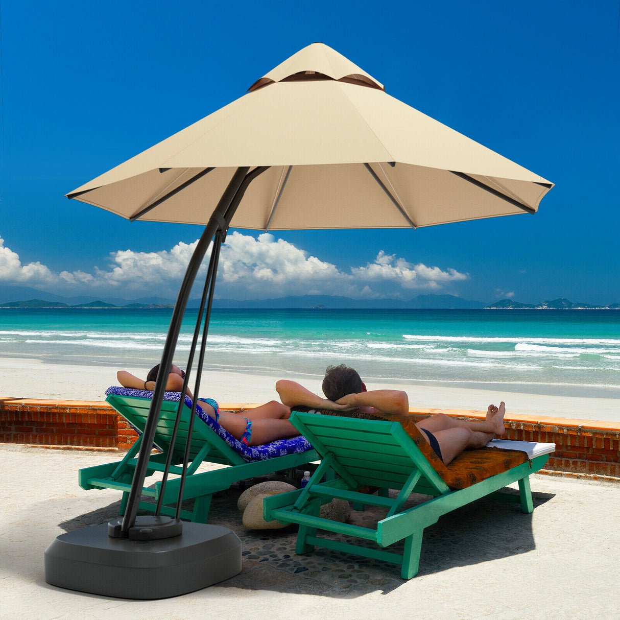 11 Feet Outdoor Cantilever Hanging Umbrella with Base and Wheels-Tan