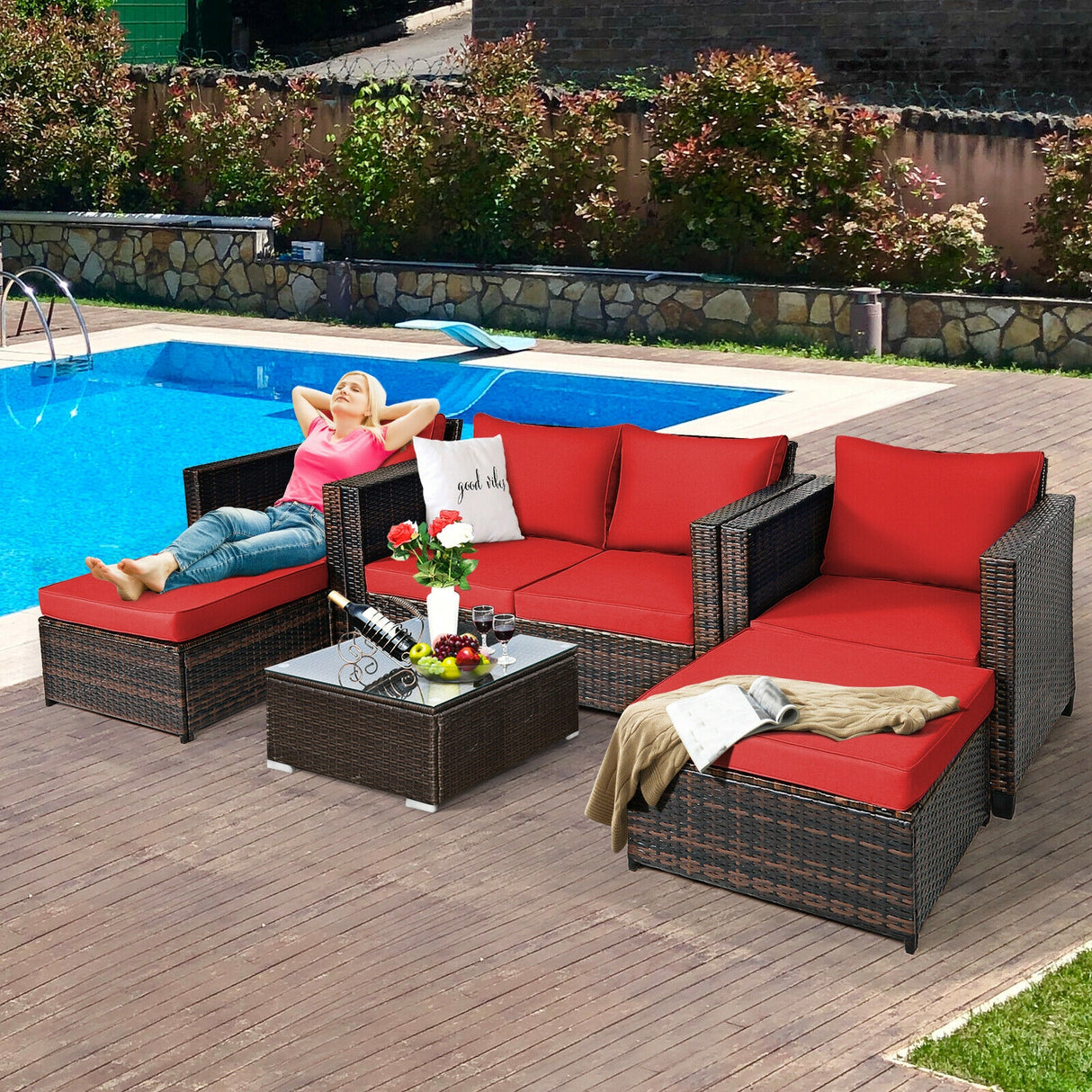 5 Pieces Patio Cushioned Rattan Furniture Set-White