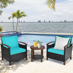3 Pieces Patio Rattan Furniture Set with Washable Cushion and Acacia Wood Tabletop-Blue