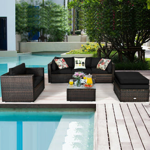 6 Pcs Patio Rattan Furniture Set with Sectional Cushion-Blue