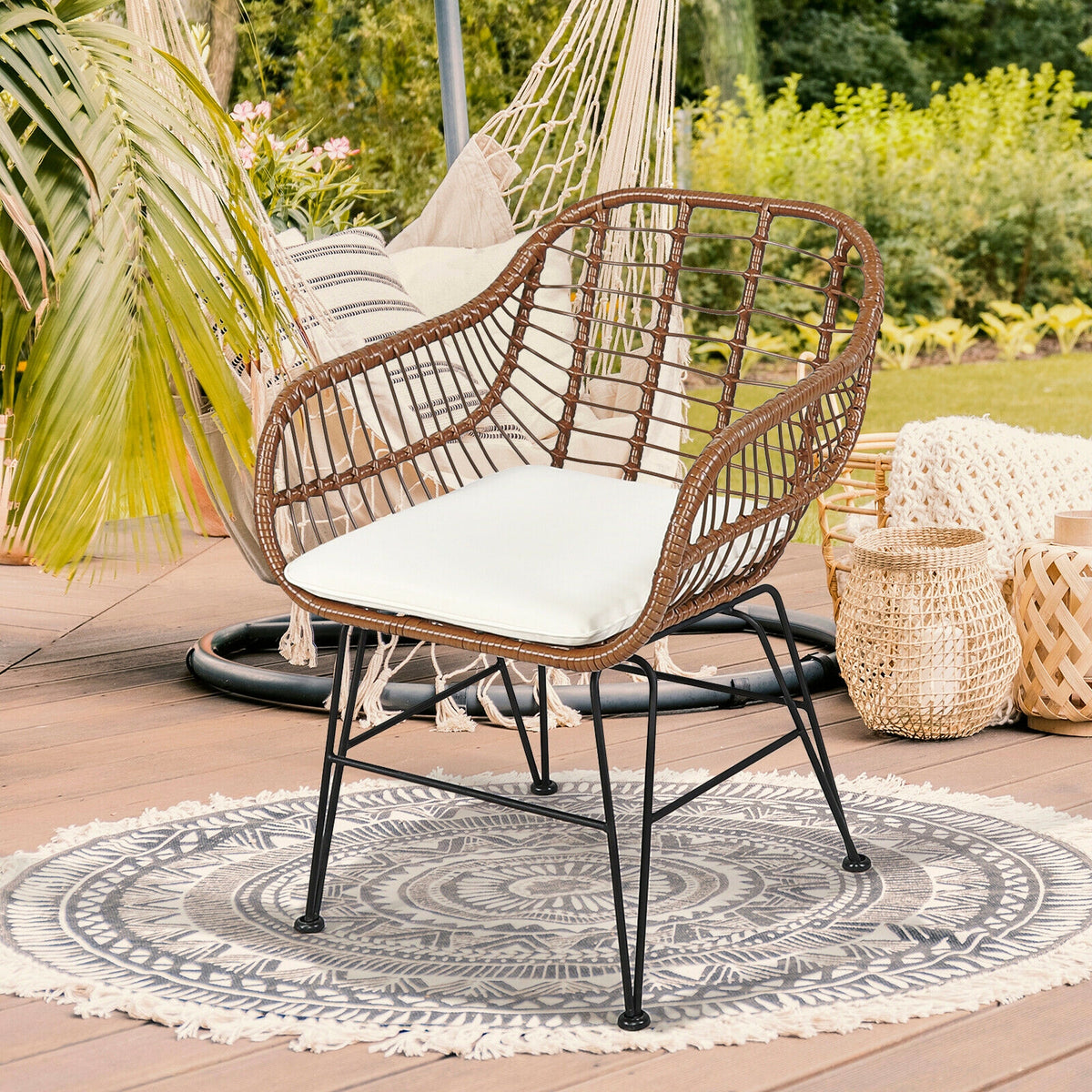 3 Pieces Patio Rattan Bistro Set with Cushion-White