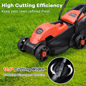 13 Inch Electric Push Lawn Corded Mower with Grass Bag-Green