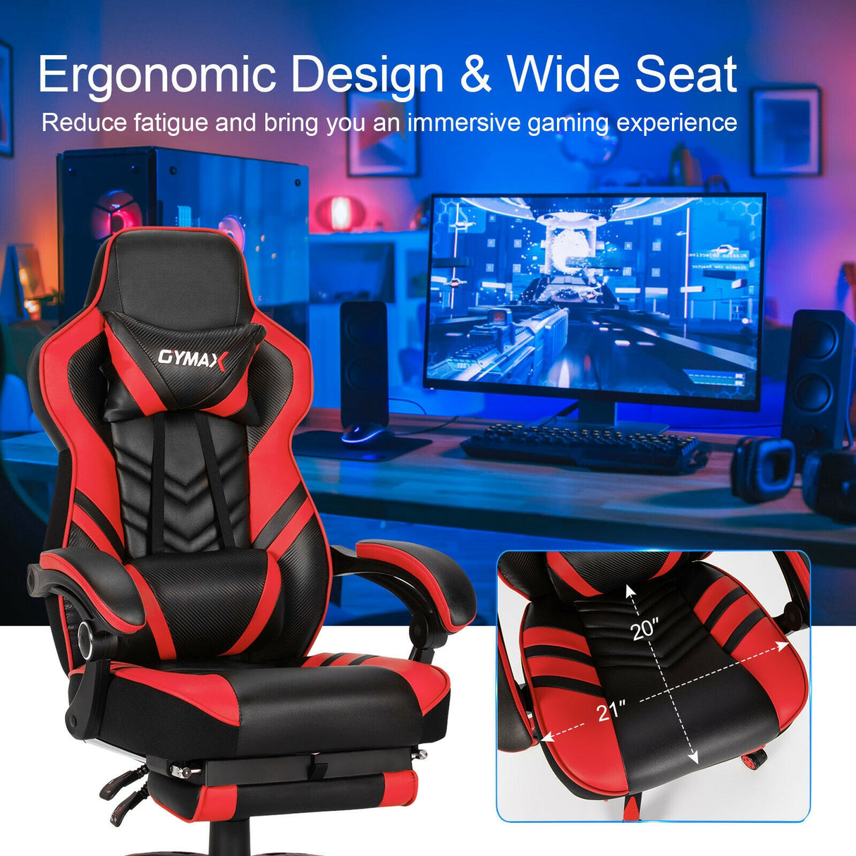 Adjustable Gaming Chair with Footrest for Home Office-Blue