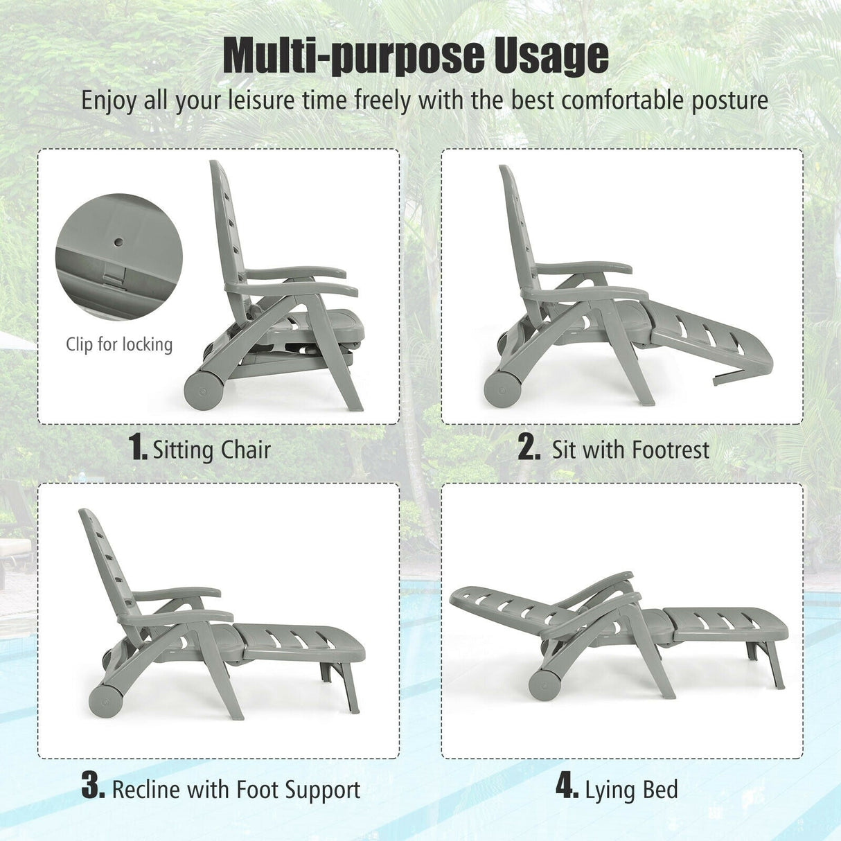 5 Position Adjustable Folding Lounger Chaise Chair-Gray