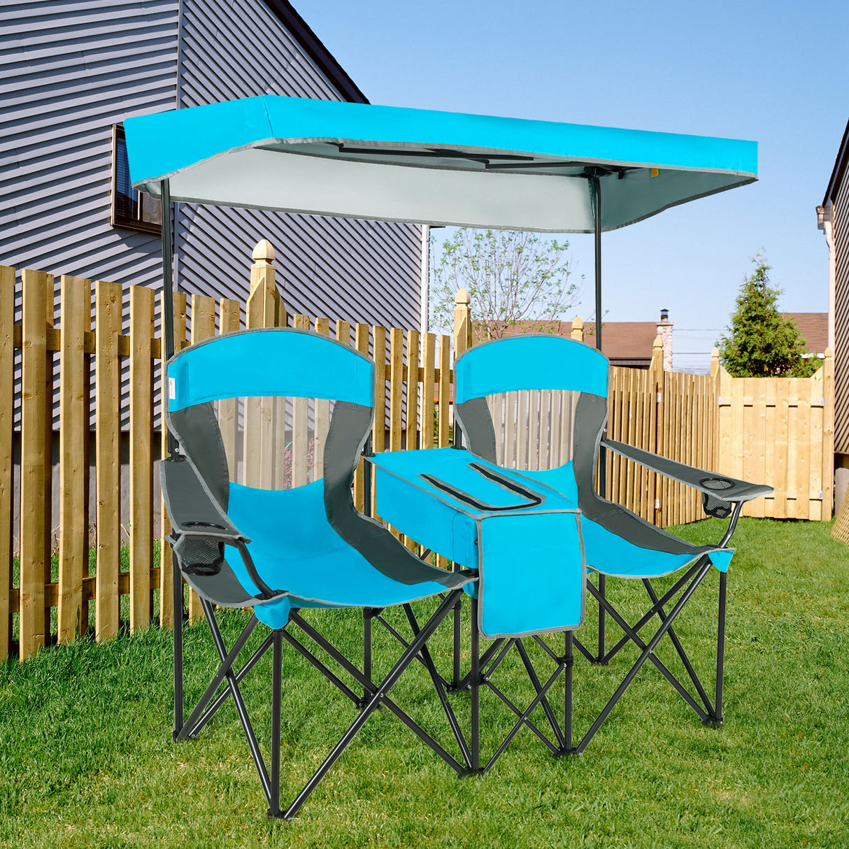 Patented Portable Folding Camping Canopy Chairs with Cup Holder-Blue